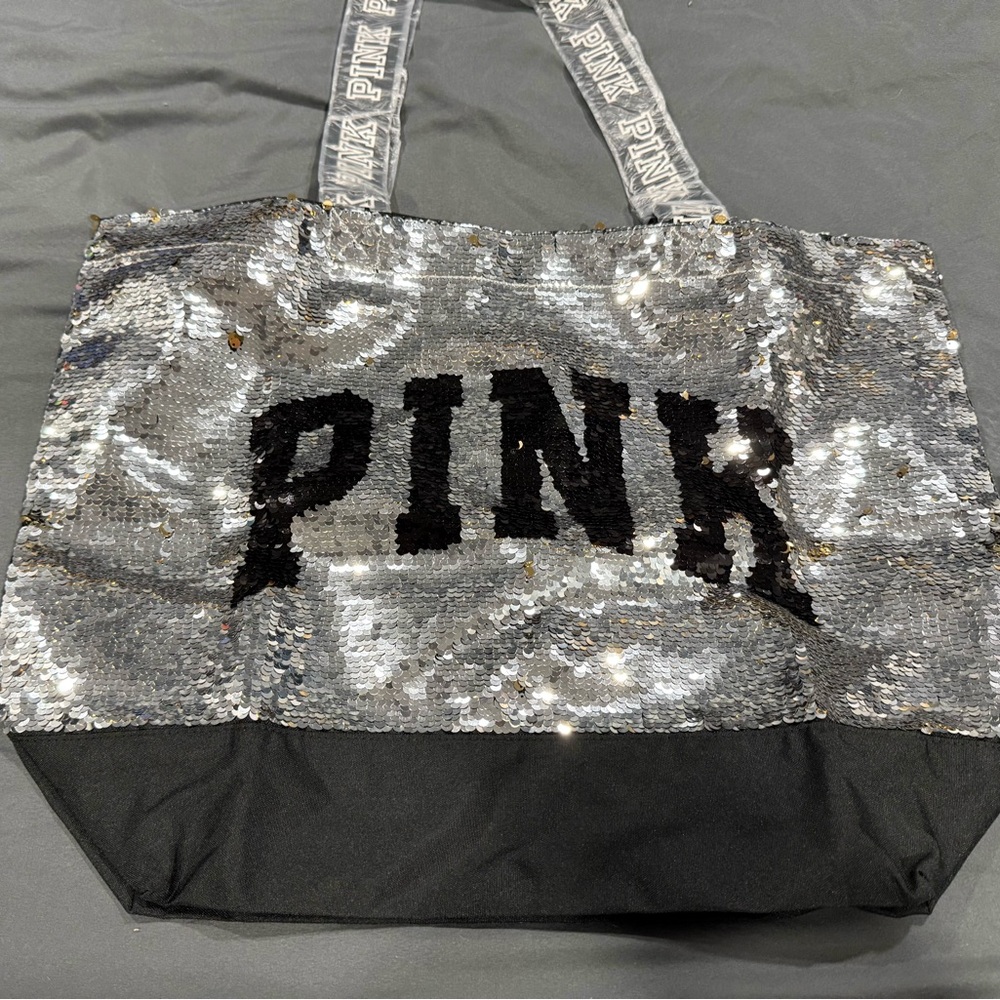 Victoria's Secret PINK Silver/Gold Sequin Black Tote Bag